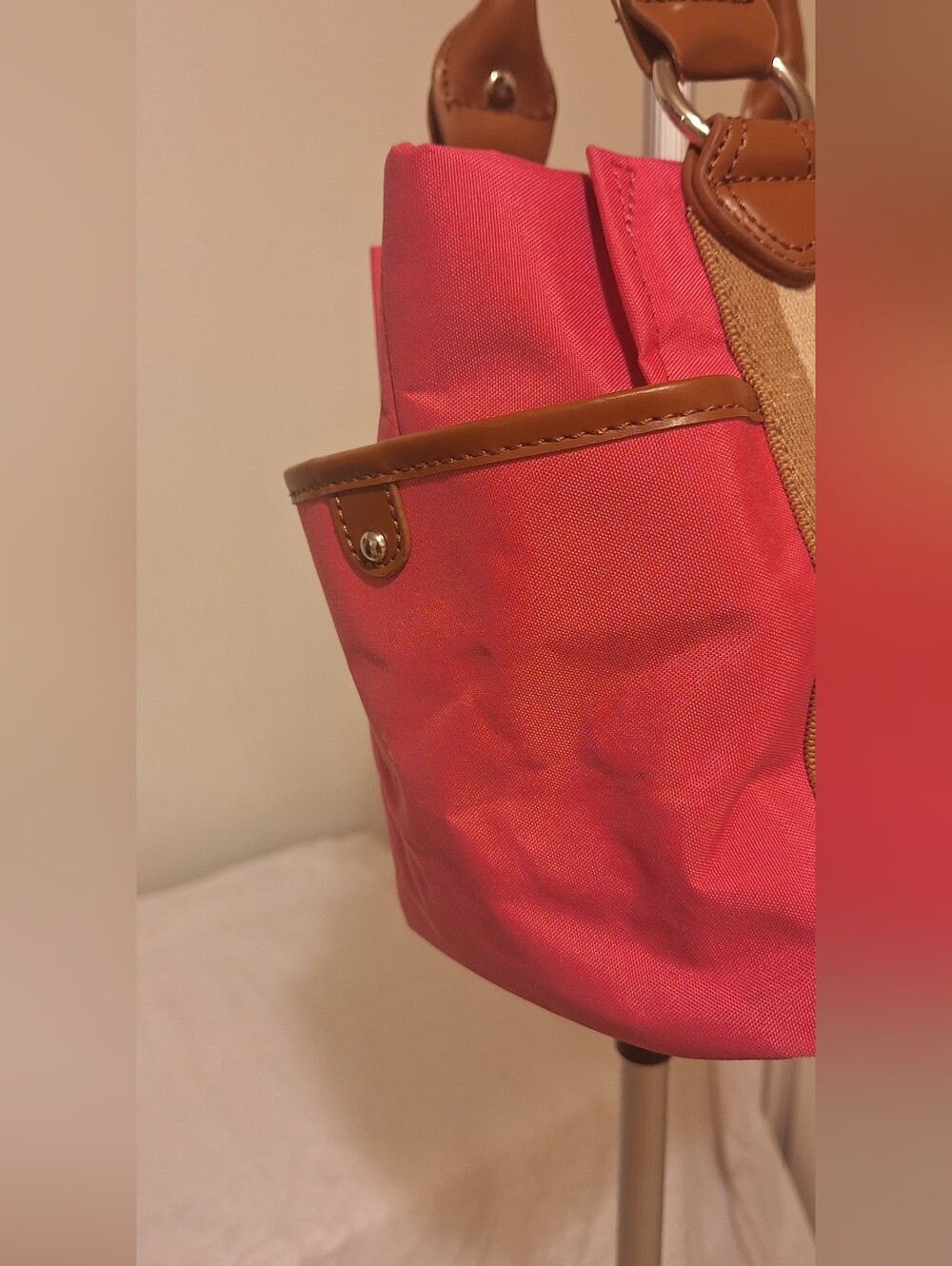 Tyler Rodan Coral Canvas Tote with Tan Trim and Multicolor Tag (13.5 X 8.5 X 4.5 - Picture 6 of 16